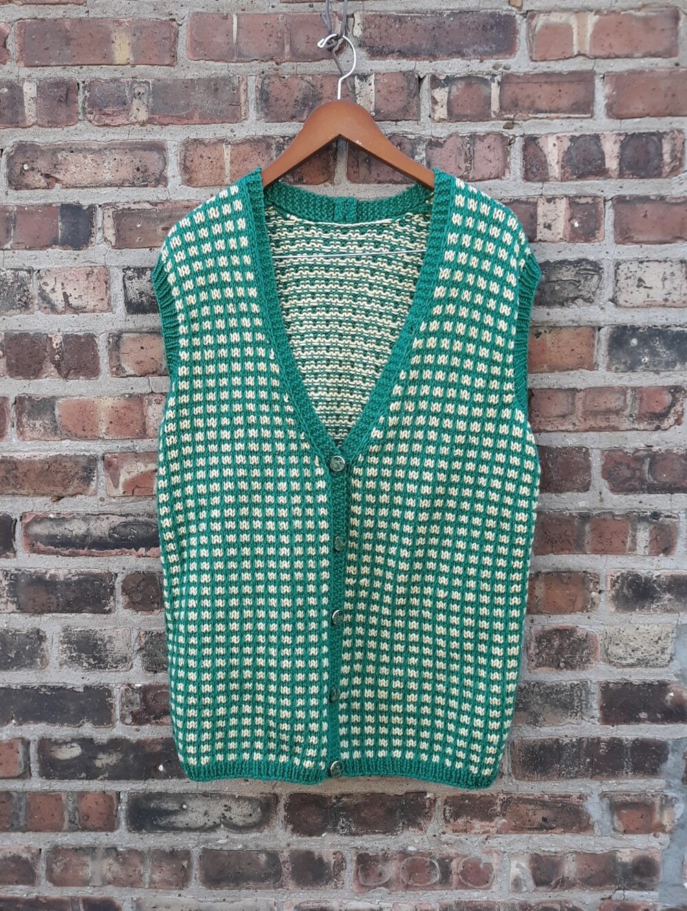 Vintage Handmade Knit Sweater Vest Mens L Green Cream Geometric Button Front